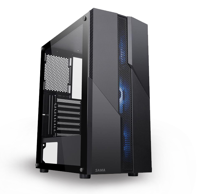 A SAMA M2 ATX Mid Tower Computer Case is tilted slightly to the right